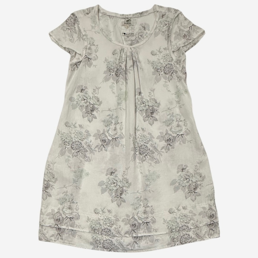 Malvin Hamburg Germany Linen Ramie Floral Dress White Grey Green Size 8 W490